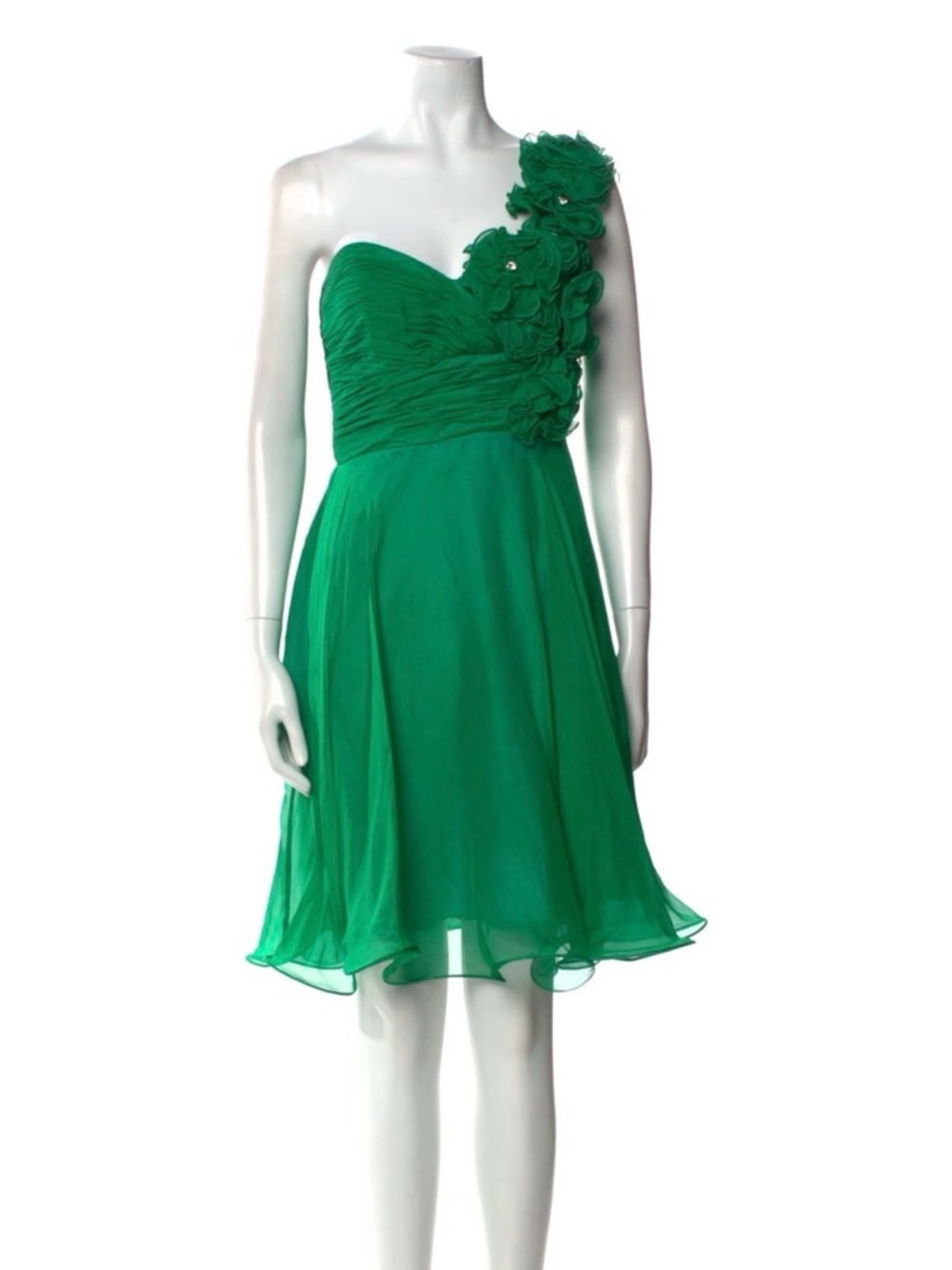 Green One-Shoulder Floral Applique Silk Dress